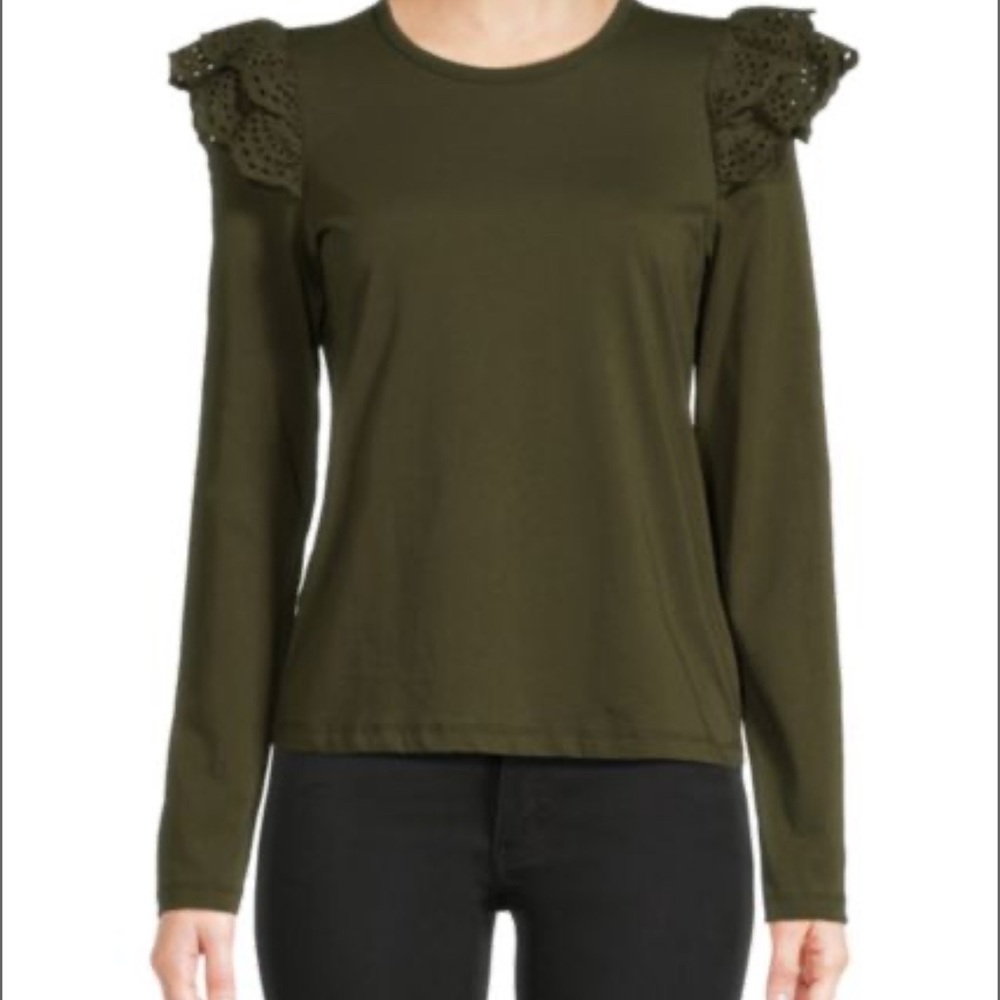 Olive Green Women's Top with Lace Shoulder Detail Eyelet Ruffle Long Sleeve Top